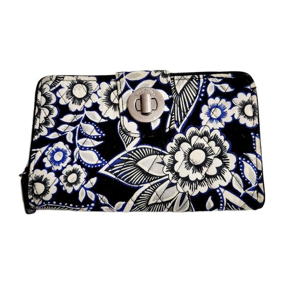Vera Bradley Signature Turn Lock Wallet Zip Around Floral On Black. RFID. New. - Picture 1 of 10